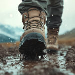 Turistická obuv vystavená dažďu na horskom chodníku.