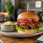Burger na stole s mapou Pezinka ako vizuál k výberu dobrého denného menu