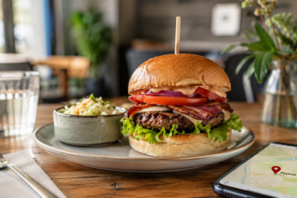 Burger na stole s mapou Pezinka ako vizuál k výberu dobrého denného menu