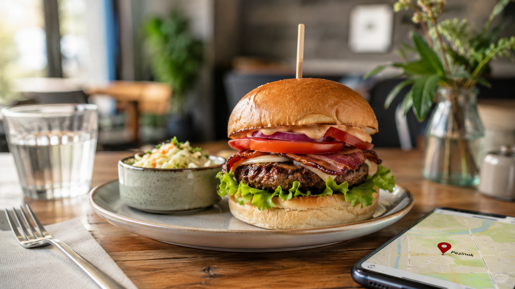 Burger na stole s mapou Pezinka ako vizuál k výberu dobrého denného menu