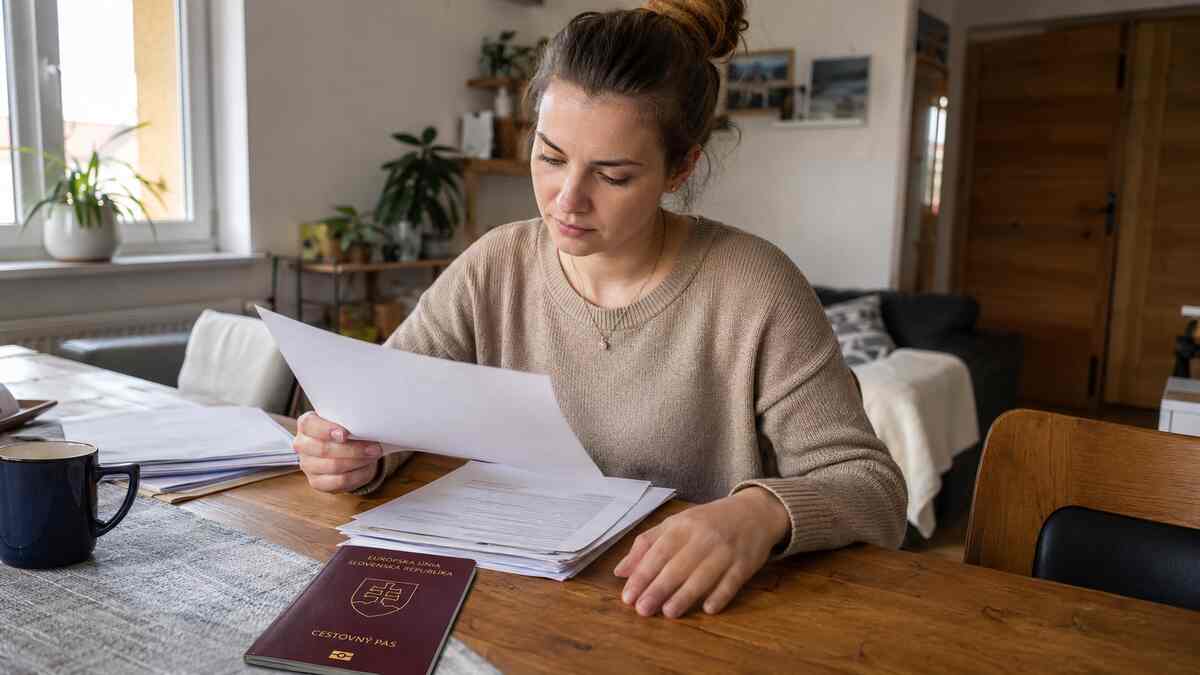 Žena pripravuje dokumenty na prácu v zahraničí so slovenským pasom